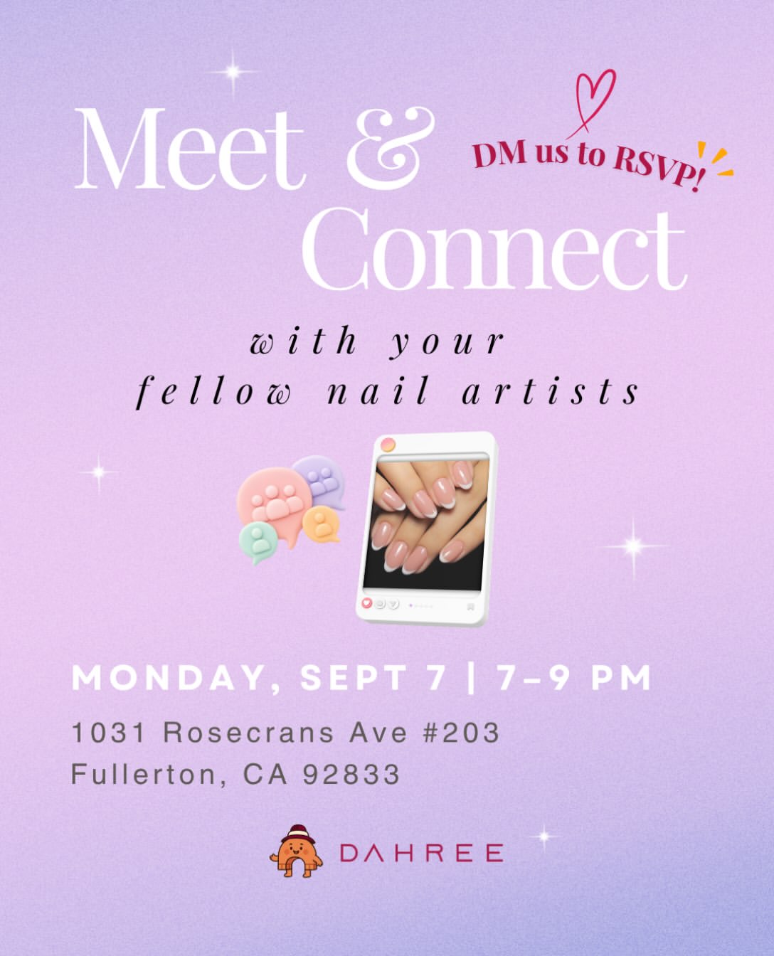Meet and Connect flyer for the Fullerton nail artist meetup on September 7, 2026