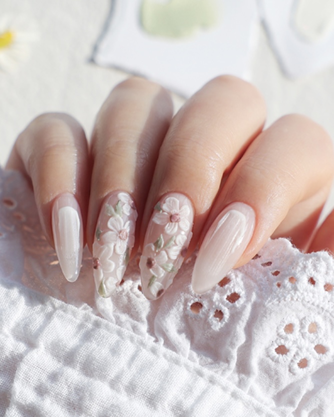 Delicate 3D-style Korean nail art example